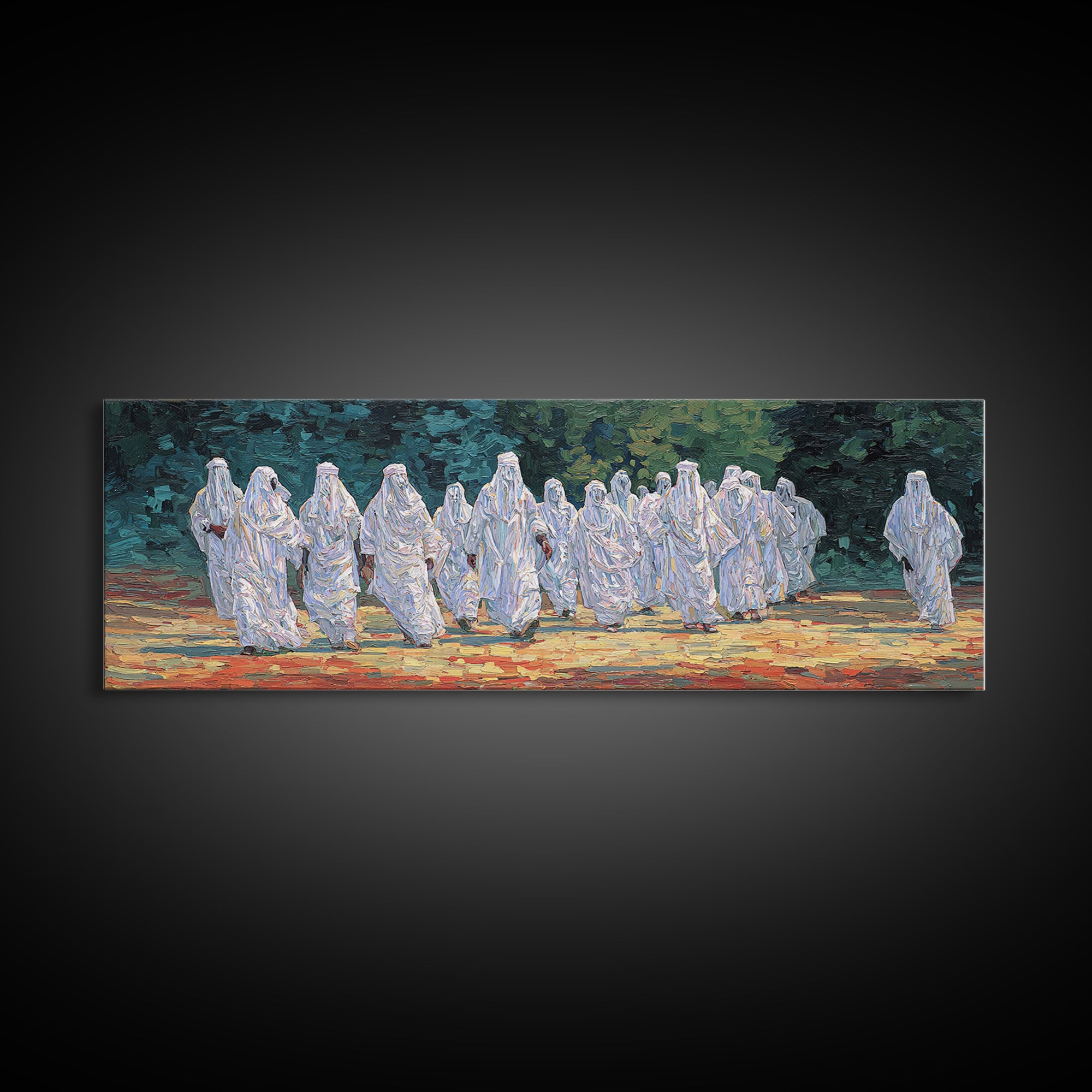 White Robed Desert Procession Wall Art African Painting Spiritual Wall Decor Textured Canvas Art Cultural Landscape Print