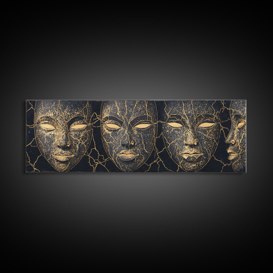 Black And Gold Cracked Mask Faces Framed Canvas Print, African Tribal Art, Elegant Afrocentric Wall Decor, Luxury Home Decor