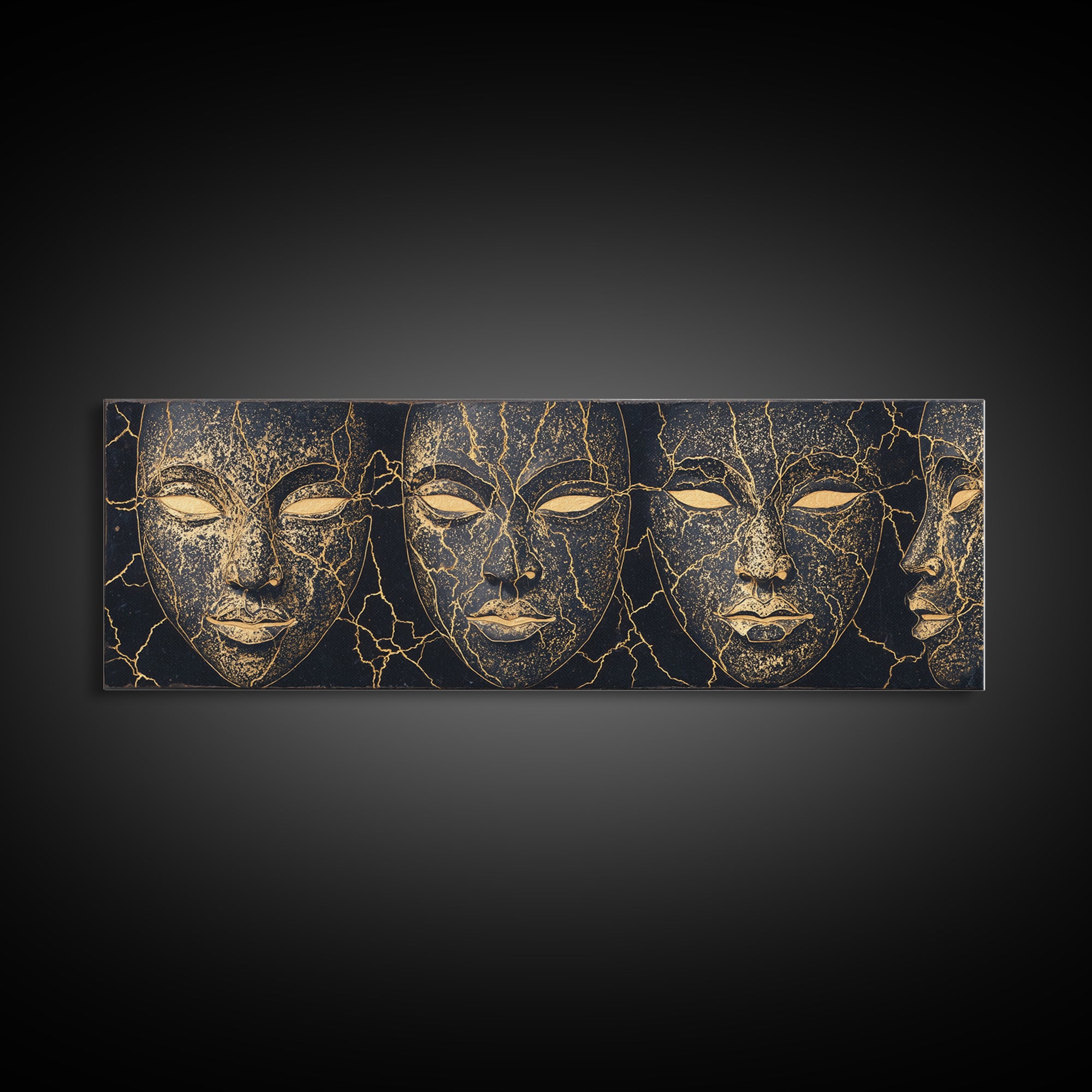 Black And Gold Cracked Mask Faces Framed Canvas Print, African Tribal Art, Elegant Afrocentric Wall Decor, Luxury Home Decor