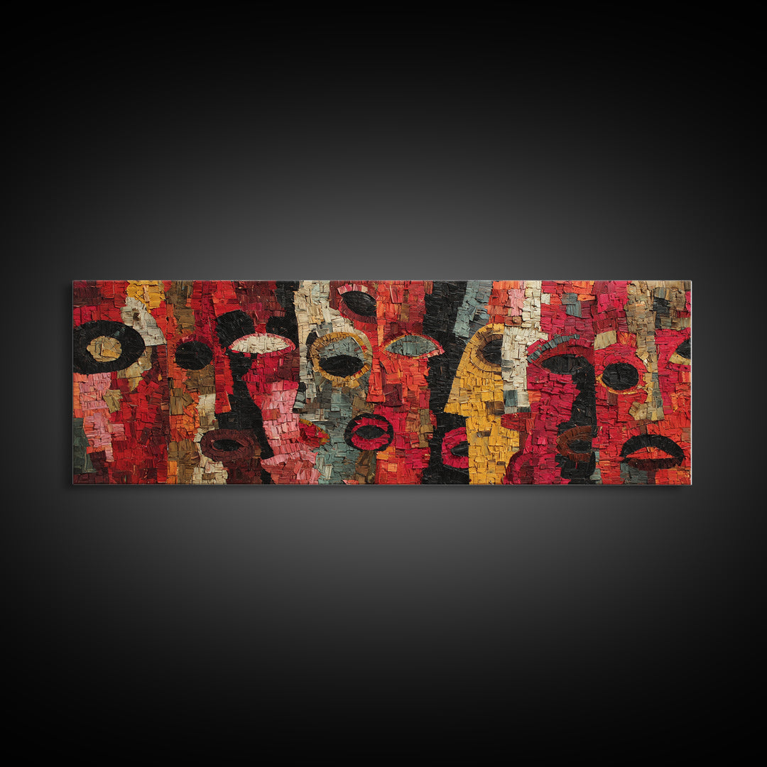 Red Mosaic Tribal Mask Faces Wall Art, Abstract African Art Decor, Bold Cultural Canvas Print, Vibrant Ethnic Home Decor