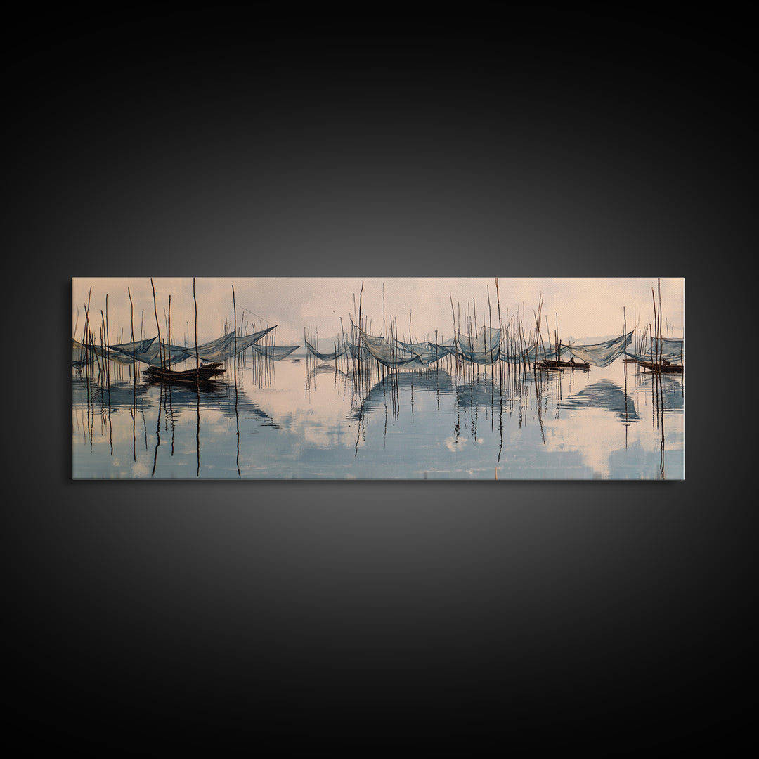 Misty African Fishing Boats On Calm Water Canvas Print, Minimalist Blue Wall Art, Serene Landscape Decor, Peaceful Home Gift