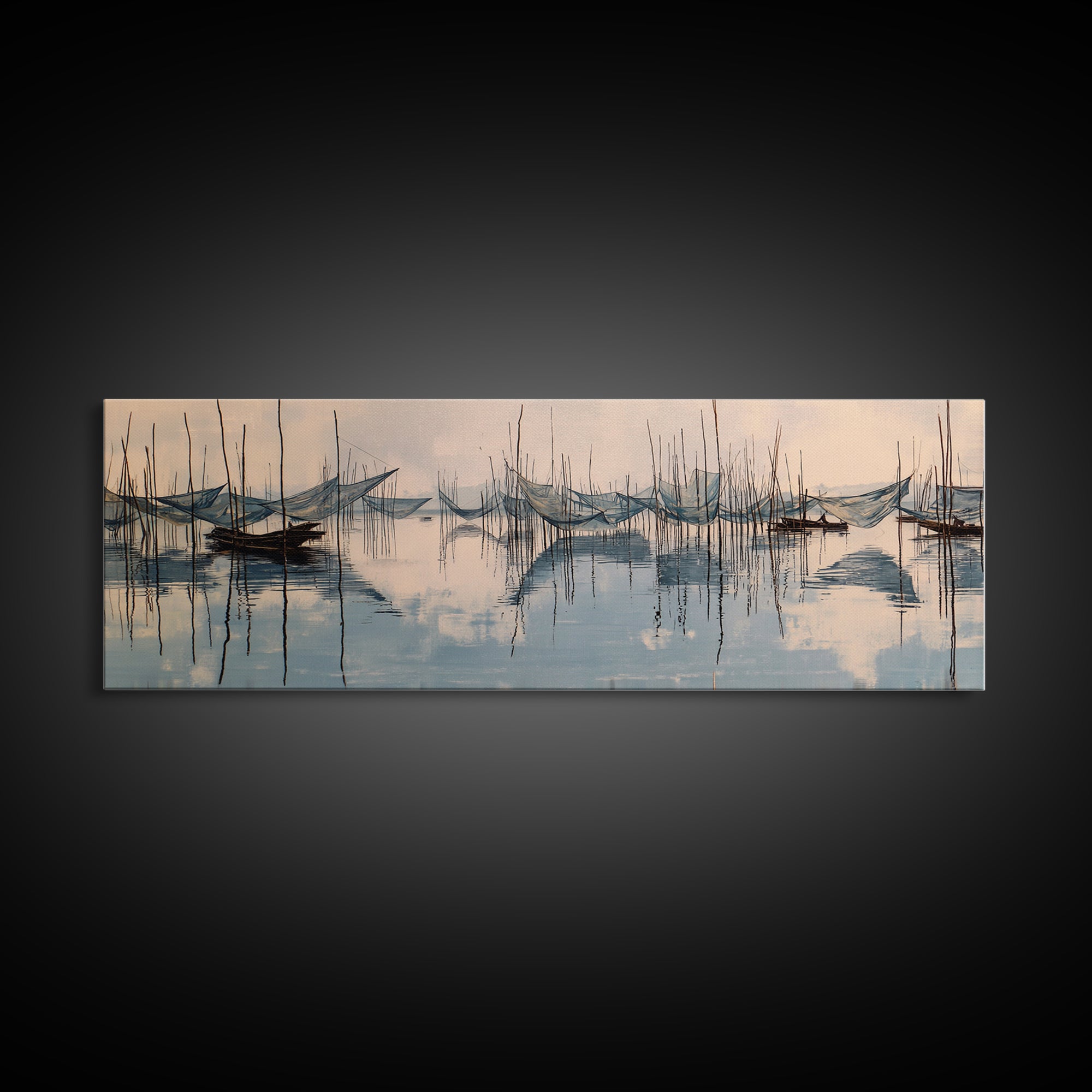 Misty African Fishing Boats On Calm Water Canvas Print, Minimalist Blue Wall Art, Serene Landscape Decor, Peaceful Home Gift