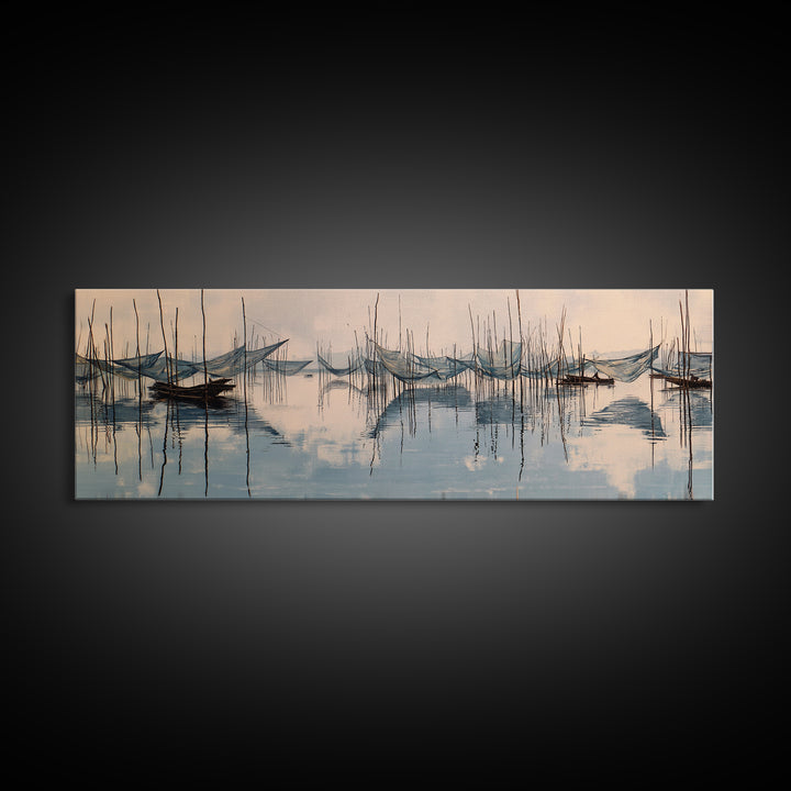 Misty African Fishing Boats On Calm Water Canvas Print, Minimalist Blue Wall Art, Serene Landscape Decor, Peaceful Home Gift