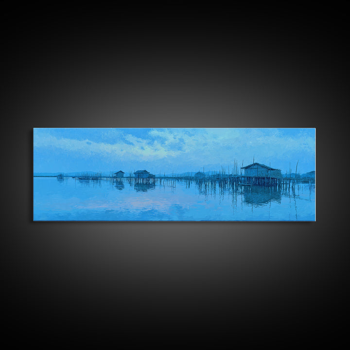 Blue Stilt Village Over Water Framed Canvas Print, Minimalist African Landscape Wall Art, Coastal Home Decor, Serene Gift