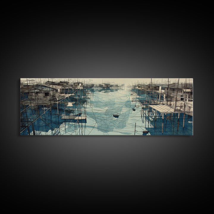 Rustic Stilt Fishing Village Harbor Wall Art, Blue Coastal Landscape Canvas Print, Nautical Decor, Large Living Room Art