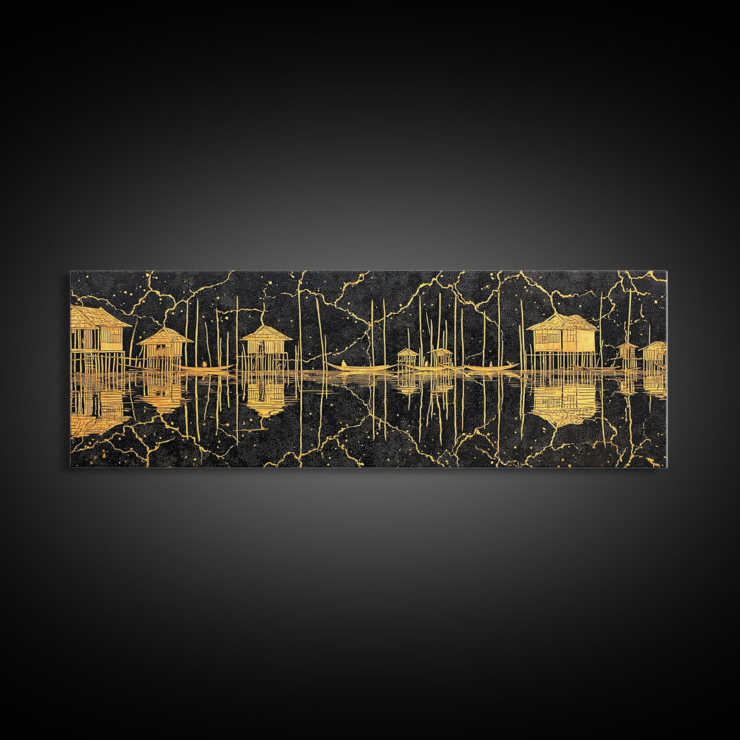 Gold Stilt Hut Reflections On Black Wall Art, Abstract Coastal Canvas Print, Luxury Modern Decor, Statement Living Room Art