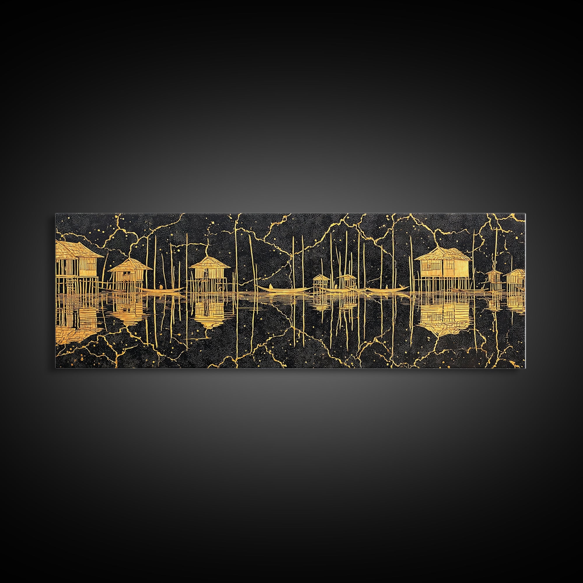 Gold Stilt Hut Reflections On Black Wall Art, Abstract Coastal Canvas Print, Luxury Modern Decor, Statement Living Room Art