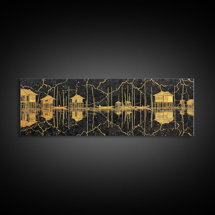 Gold Stilt Hut Reflections On Black Wall Art, Abstract Coastal Canvas Print, Luxury Modern Decor, Statement Living Room Art