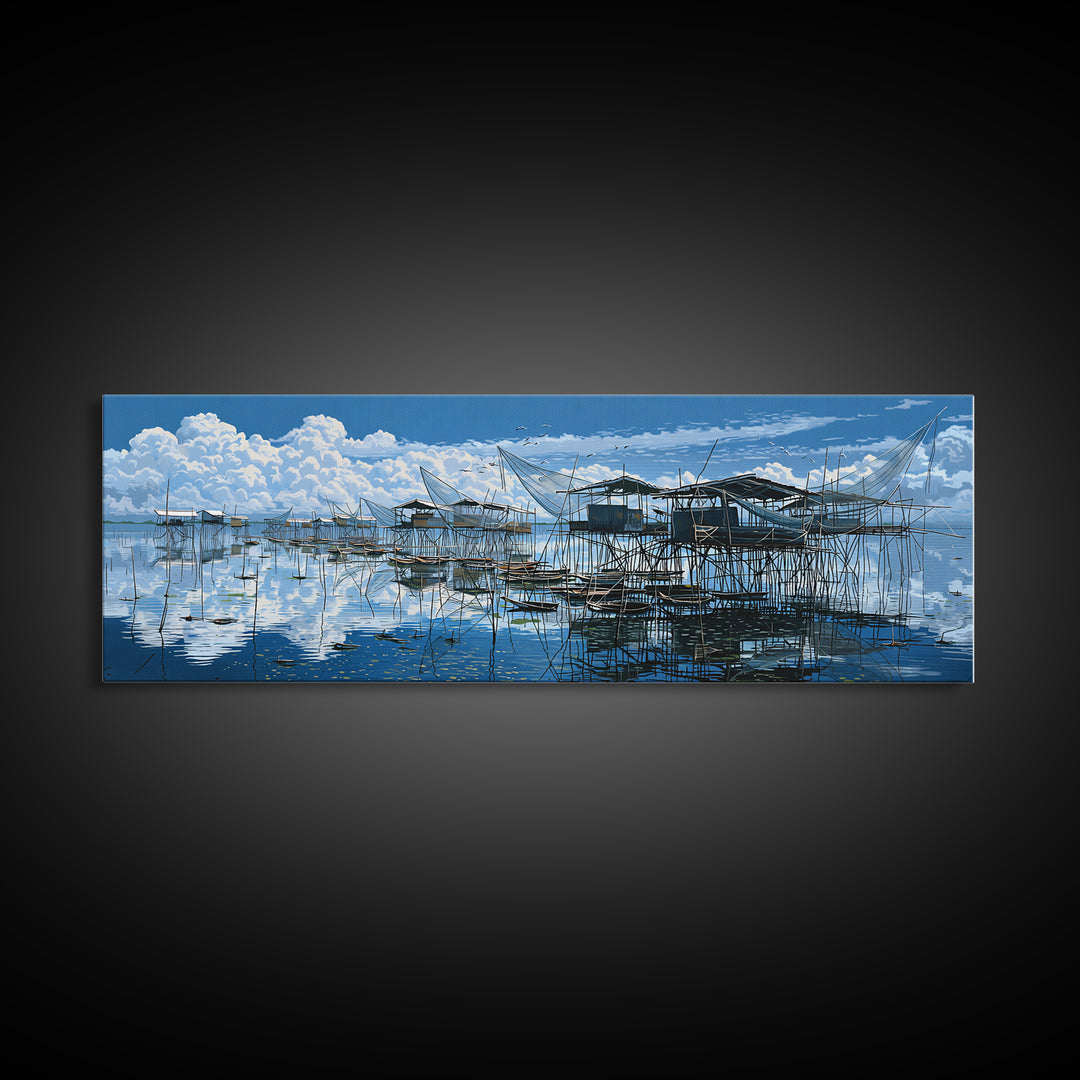 Blue Stilt Fishing Village Panorama Wall Art, Coastal Canvas Print, Bright Seascape Decor, Large Nautical Living Room Art