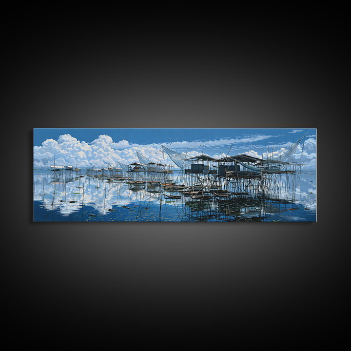 Blue Stilt Fishing Village Panorama Wall Art, Coastal Canvas Print, Bright Seascape Decor, Large Nautical Living Room Art