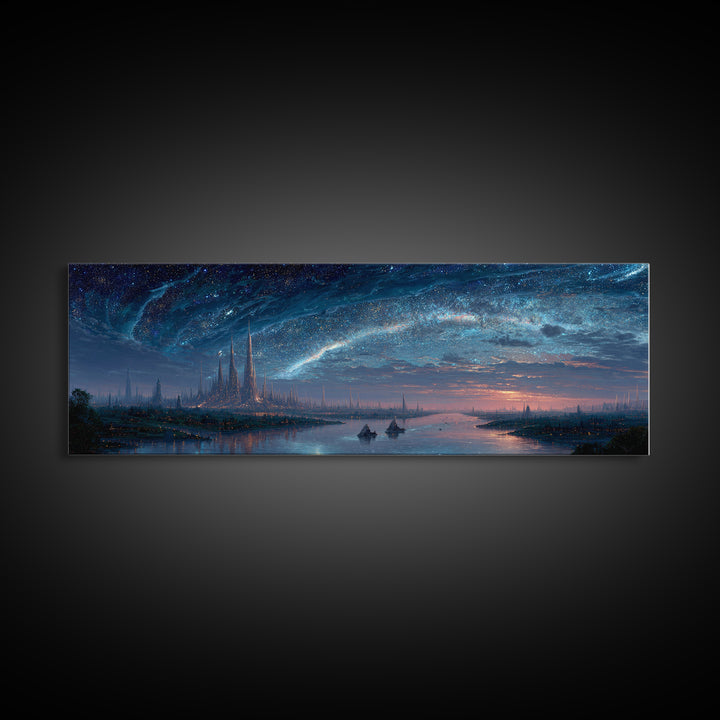 Starry Night River City Skyline Wall Art, Blue Fantasy Canvas Print, Dreamy Galaxy Decor, Large Modern Living Room Art Print
