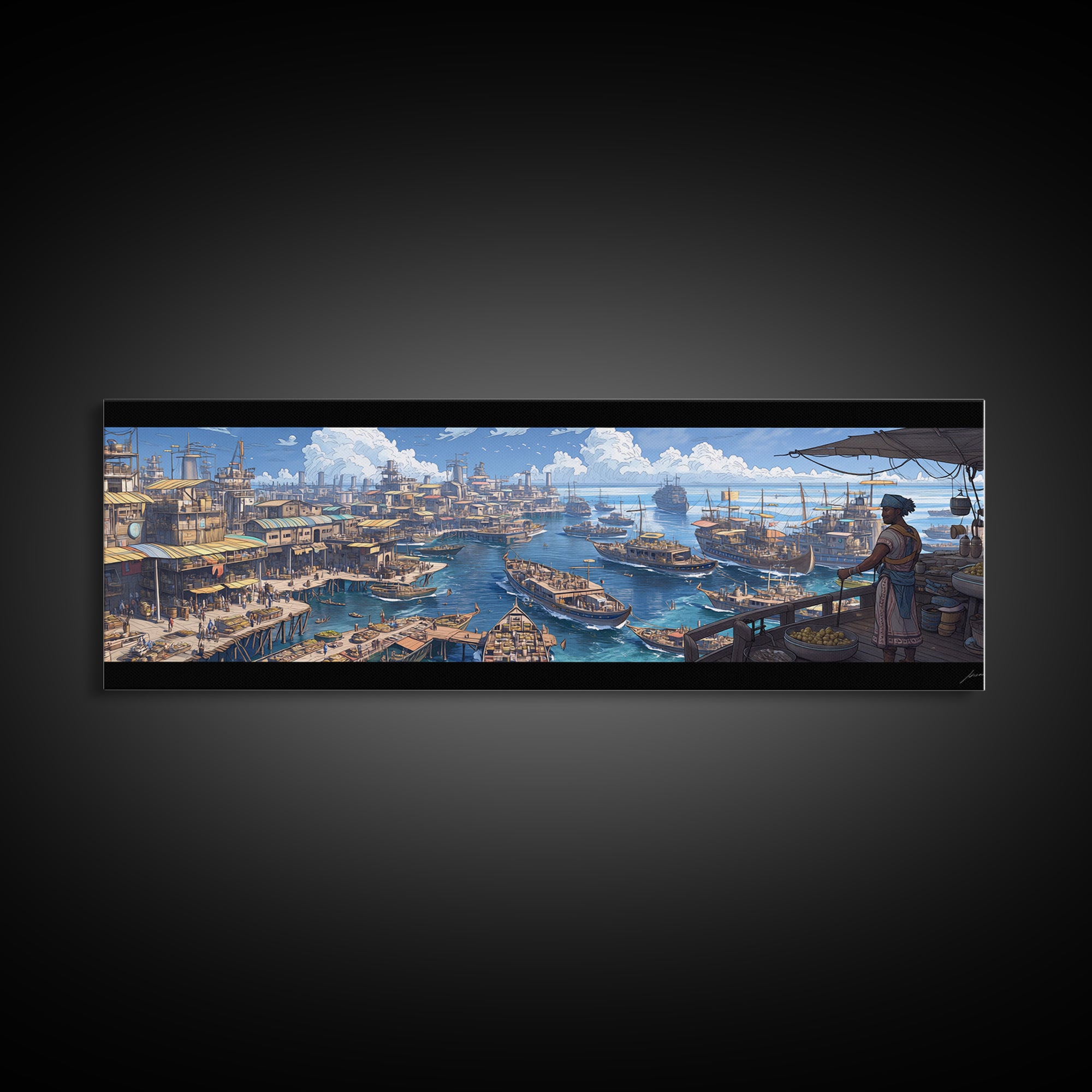 Busting Coastal Canal Market Panorama Wall Art, Blue Harbor Canvas Print, Mediterranean Style Decor, Large Living Room Art