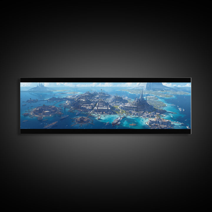 Futuristic Island Harbor City Aerial Wall Art, Turquoise Canvas Print, Epic Coastal Landscape Decor, Large Modern Wall Art