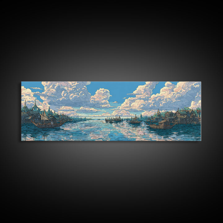 Cloud Filled Harbor Village And Calm Sea Wall Art, Pastel Blue Canvas Print, Coastal Home Decor, Large Living Room Art Print