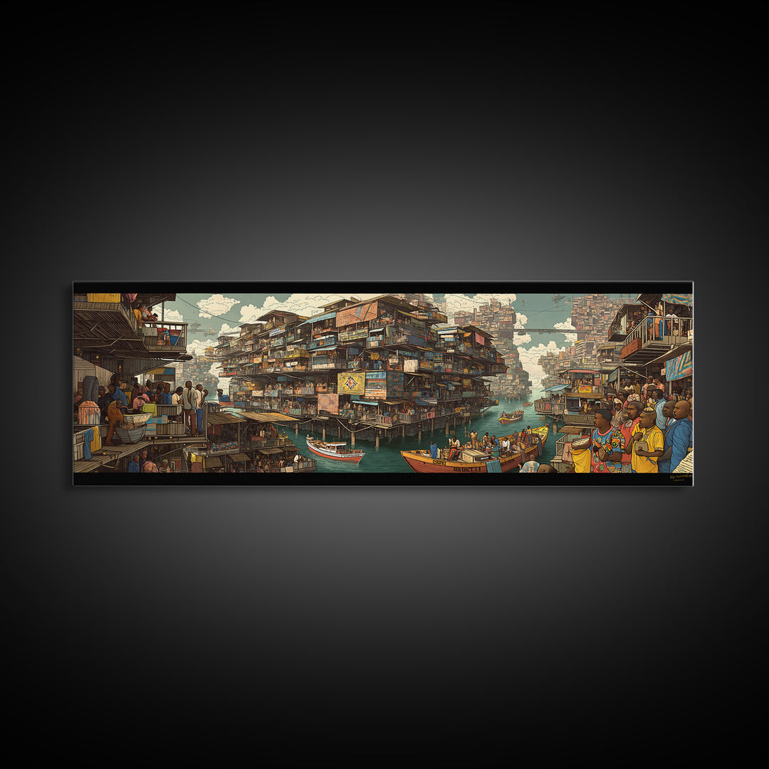 Vibrant Floating African Canal City Wall Art, Afrocentric Market Boats, Cultural Waterfront Decor, Panoramic Canvas Print