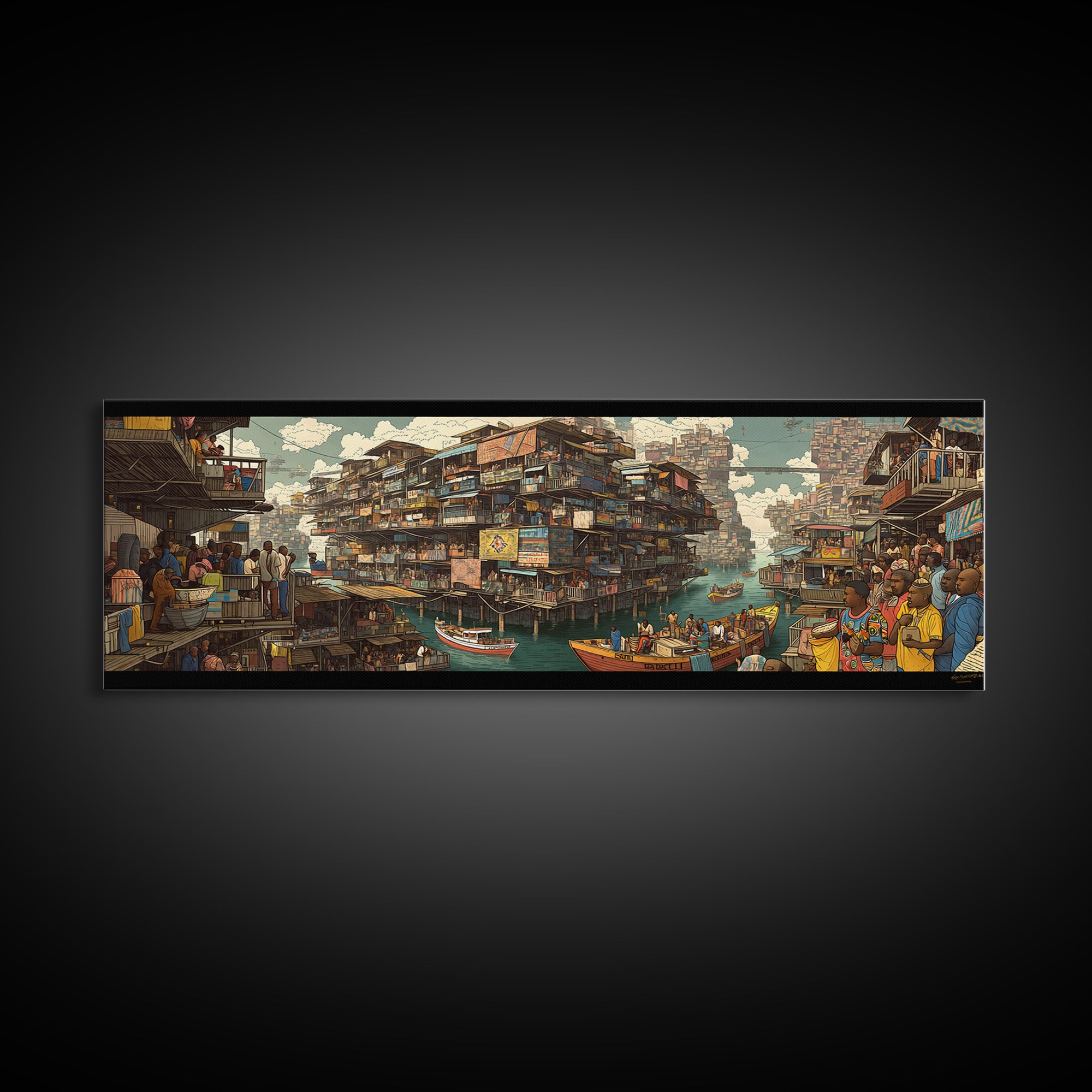 Vibrant Floating African Canal City Wall Art, Afrocentric Market Boats, Cultural Waterfront Decor, Panoramic Canvas Print