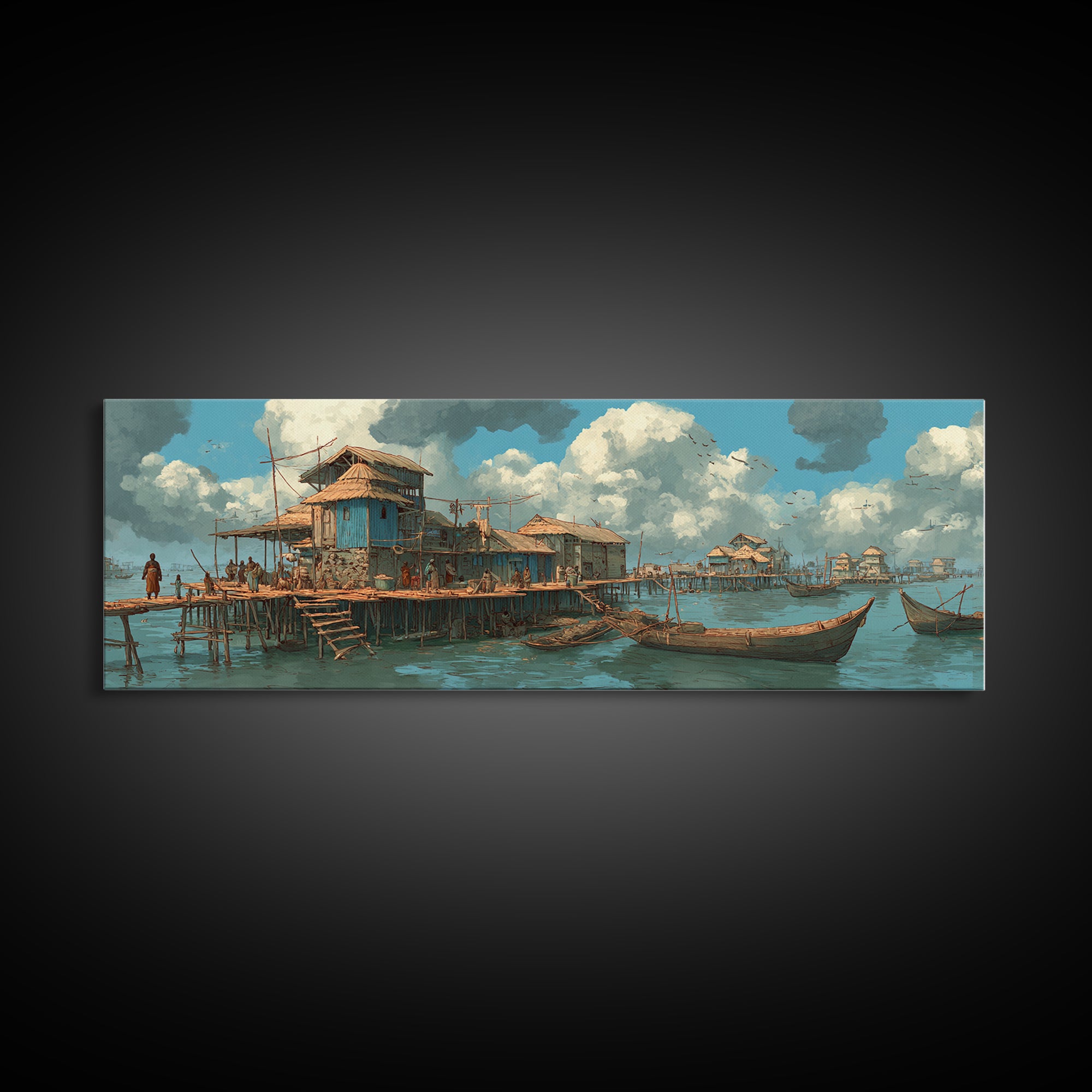 Serene African Stilt Fishing Village Canvas Print, Lagoon Boats, Coastal Culture Wall Decor, Peaceful Blue Water Panoramic Art