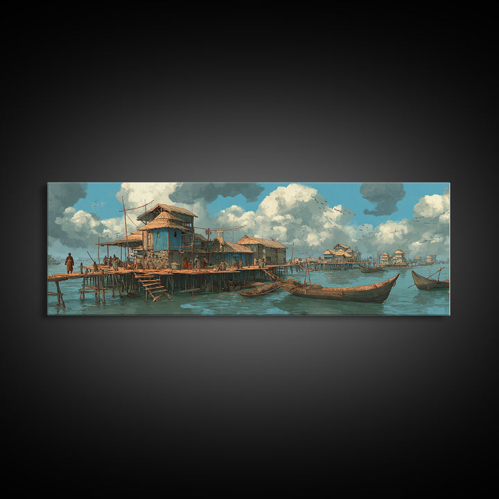 Serene African Stilt Fishing Village Canvas Print, Lagoon Boats, Coastal Culture Wall Decor, Peaceful Blue Water Panoramic Art