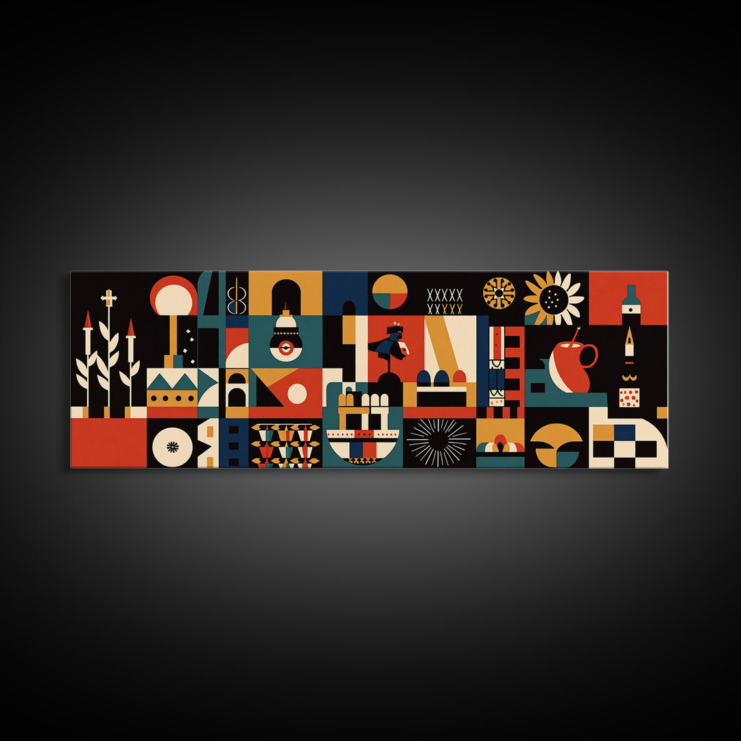 Modern Abstract African Symbols Wall Art, Geometric Masks, Tribal Patterns, Orange Black Afrocentric Canvas Print Home Decor