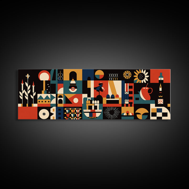 Modern Abstract African Symbols Wall Art, Geometric Masks, Tribal Patterns, Orange Black Afrocentric Canvas Print Home Decor