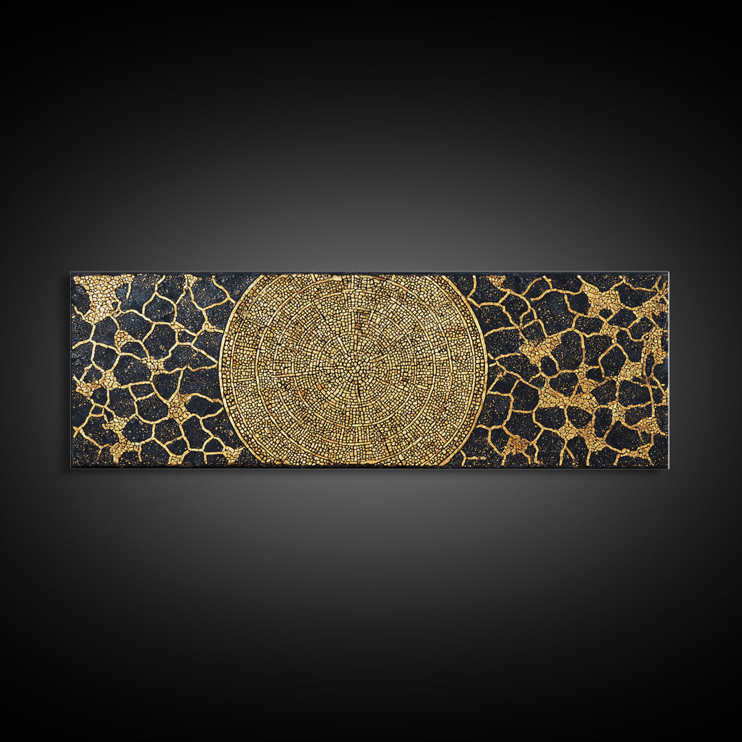 Gold African Mosaic Mandala Canvas Print, Cracked Black Texture, Luxury Abstract Wall Art, Elegant Afrocentric Home Decor