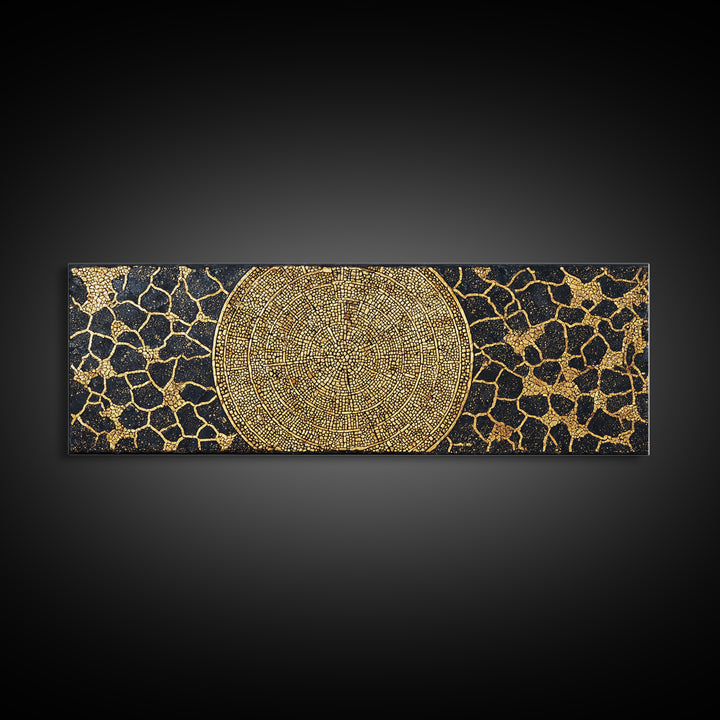 Gold African Mosaic Mandala Canvas Print, Cracked Black Texture, Luxury Abstract Wall Art, Elegant Afrocentric Home Decor