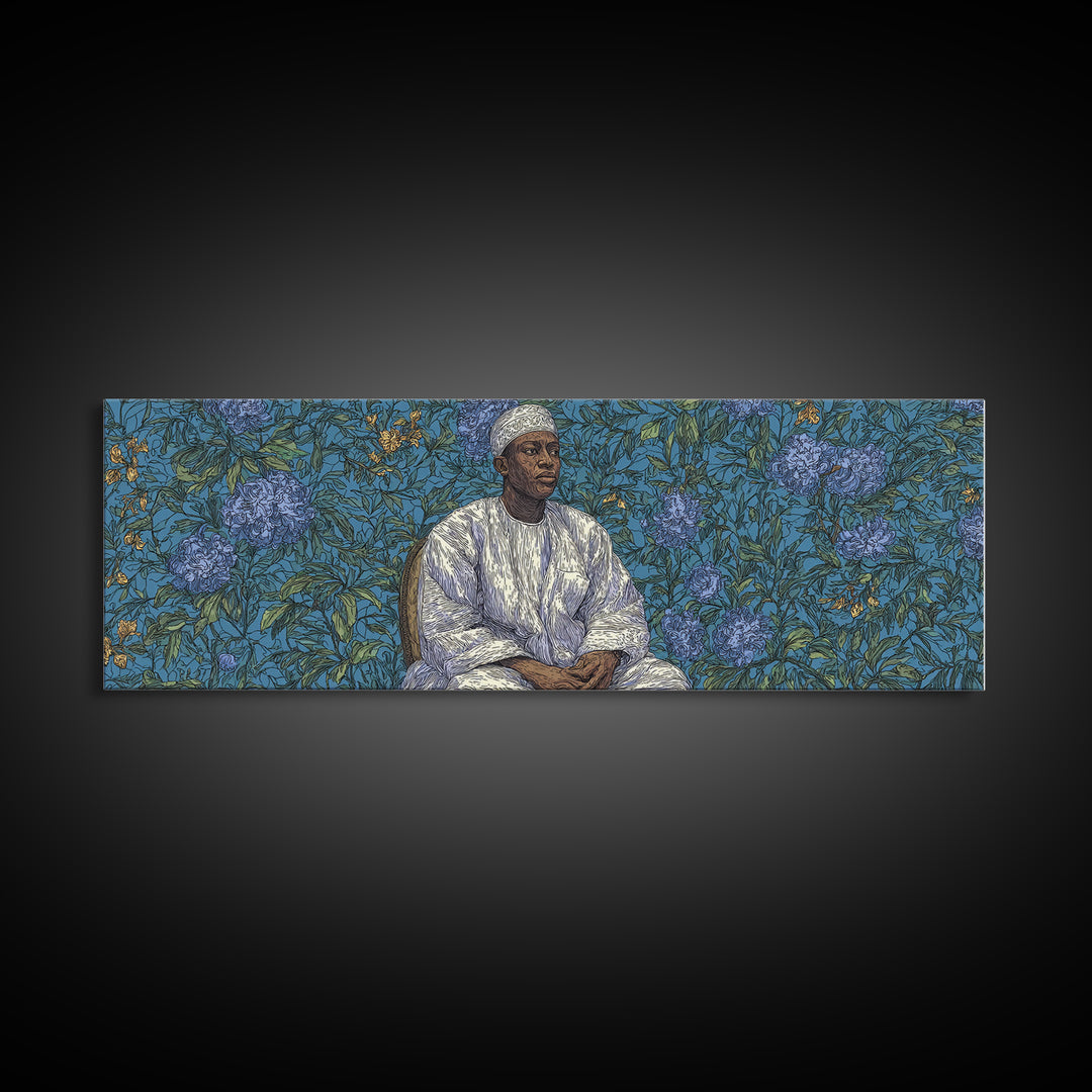 Contemplative African Man Floral Portrait Wall Art, Blue Botanical Pattern, Cultural Framed Canvas Print, Elegant Home Decor