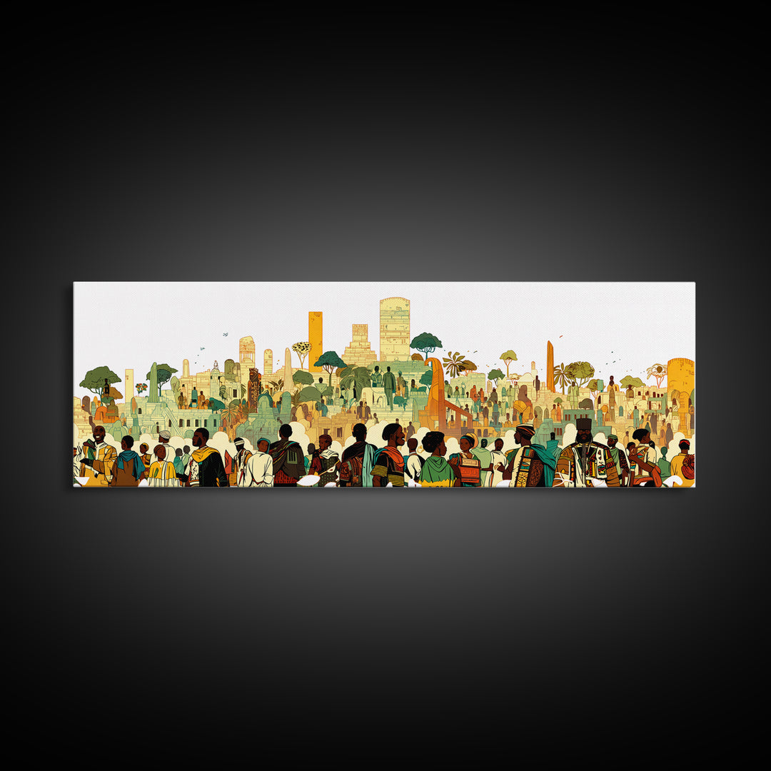 Afrofuturist African City Crowd With Skyline Wall Art, Modern African Art Print, Black Culture Decor, Urban Living Room Gift