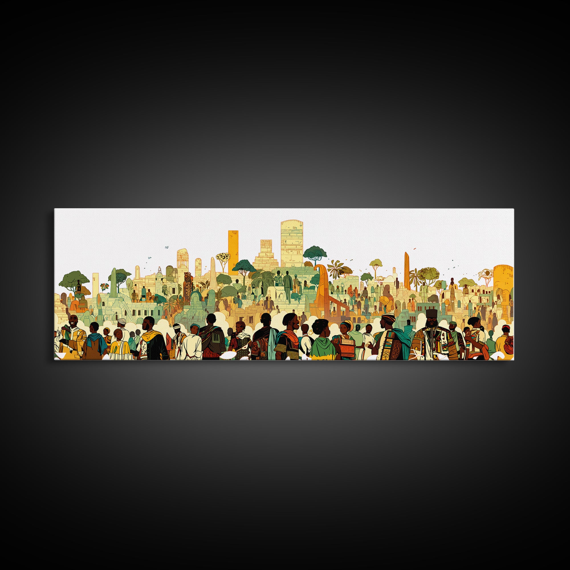 Afrofuturist African City Crowd With Skyline Wall Art, Modern African Art Print, Black Culture Decor, Urban Living Room Gift