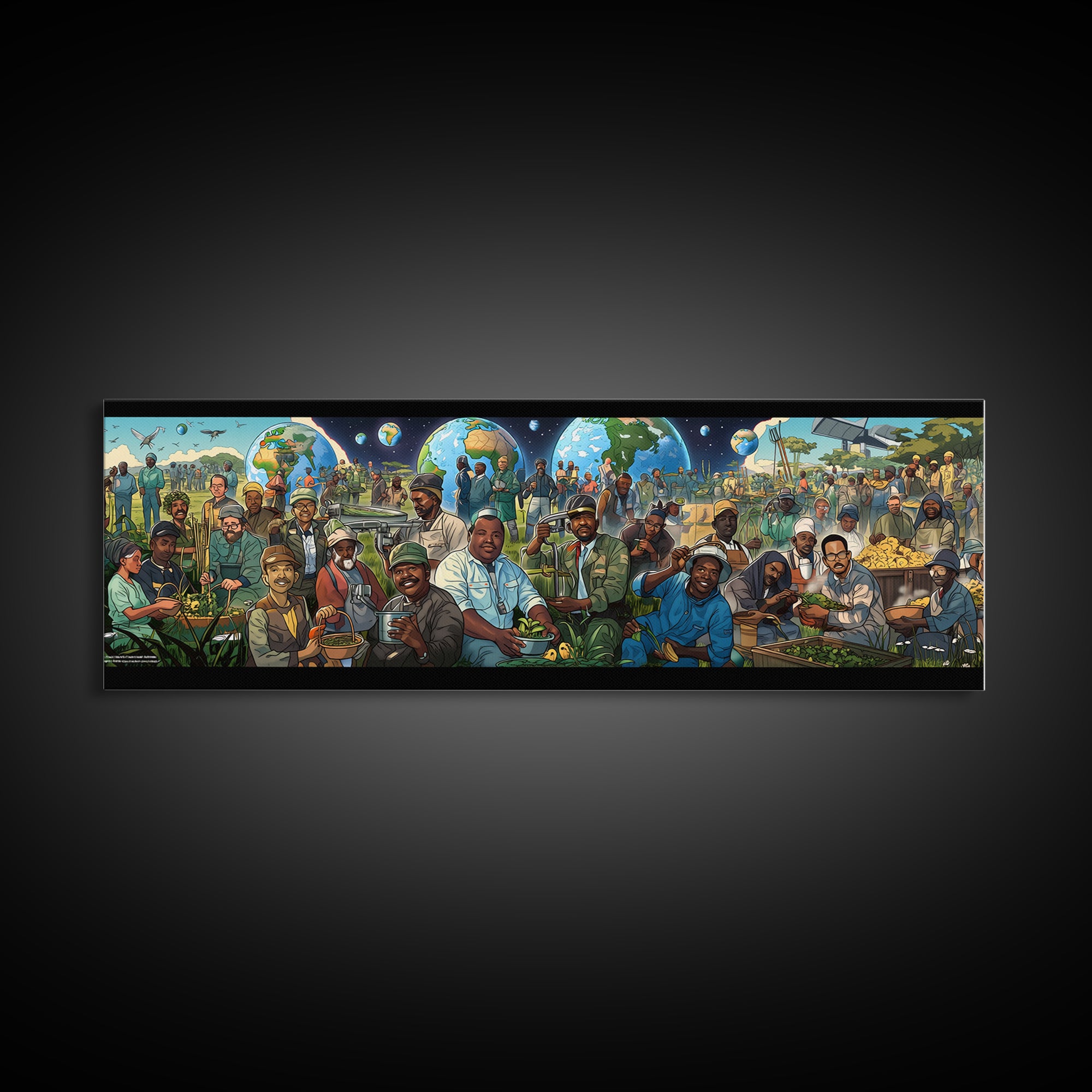 Joyful African Community Feast With Globes Canvas Print, Afrocentric Wall Art, Black Culture Decor, Food Market Kitchen Gift