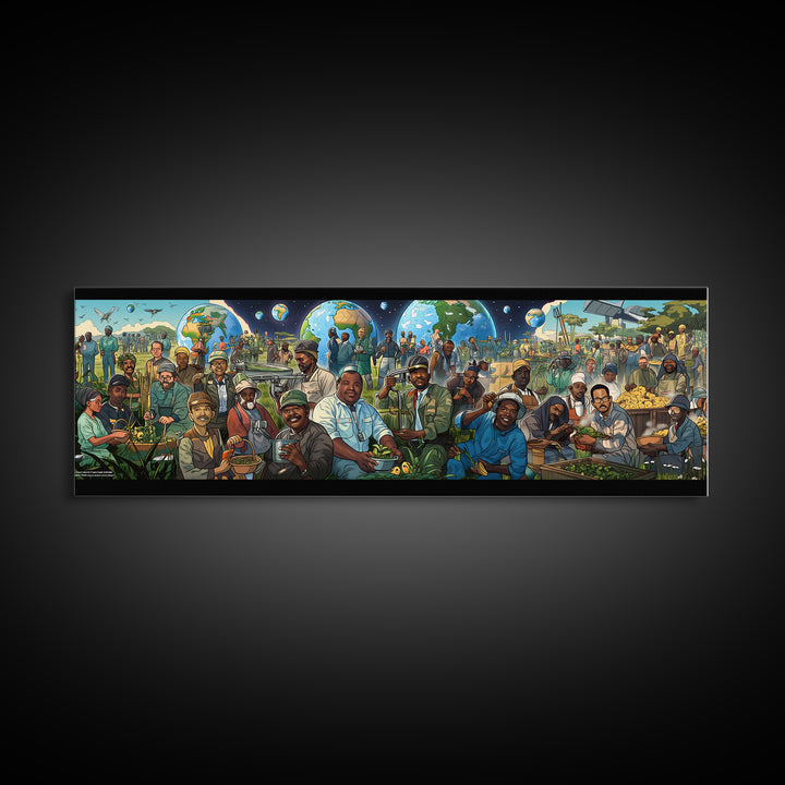Joyful African Community Feast With Globes Canvas Print, Afrocentric Wall Art, Black Culture Decor, Food Market Kitchen Gift