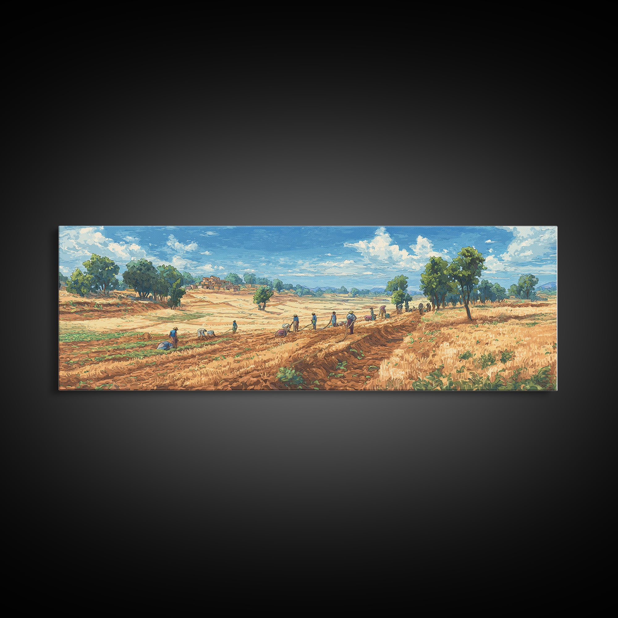 Rural African Farmers Working Golden Fields Wall Art, African Landscape Canvas Print, Safari Decor, Nature Painting Gift