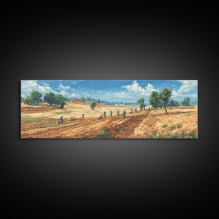 Rural African Farmers Working Golden Fields Wall Art, African Landscape Canvas Print, Safari Decor, Nature Painting Gift