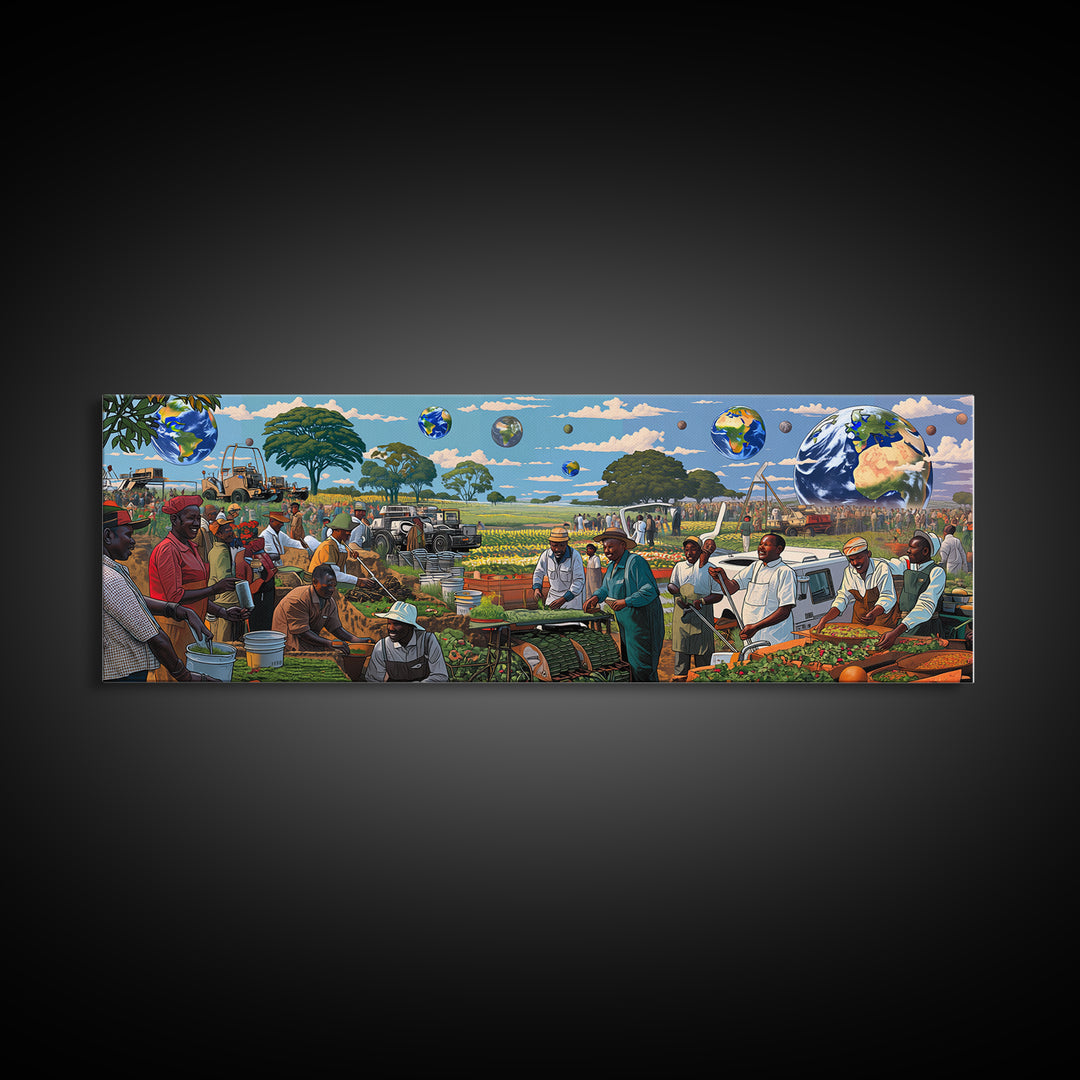 Futuristic African Farmers And Market Globes Canvas Print, Afrocentric Wall Art, Black Culture Decor, Vibrant Living Room Gift