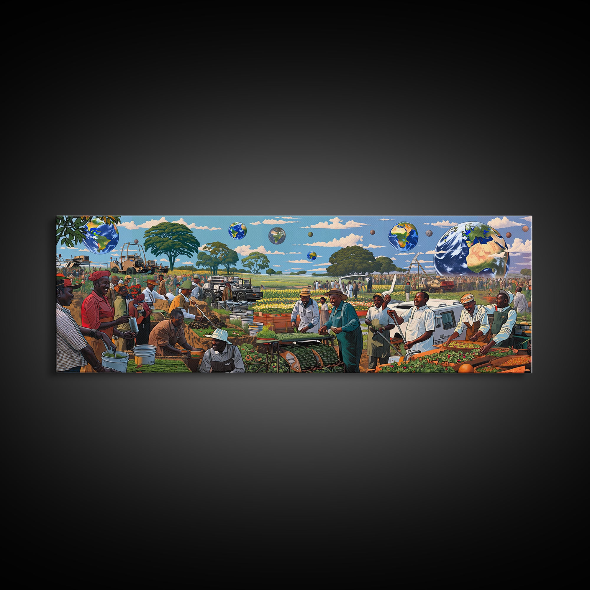 Futuristic African Farmers And Market Globes Canvas Print, Afrocentric Wall Art, Black Culture Decor, Vibrant Living Room Gift
