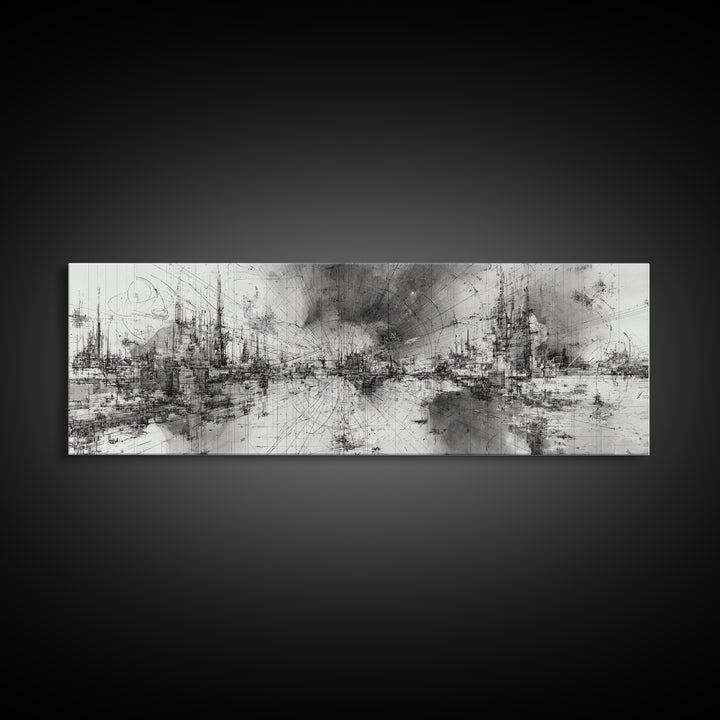 Black And White Abstract City Skyline Wall Art, Modern Canvas Print, Minimalist Office Decor, Urban Gallery Statement Gift
