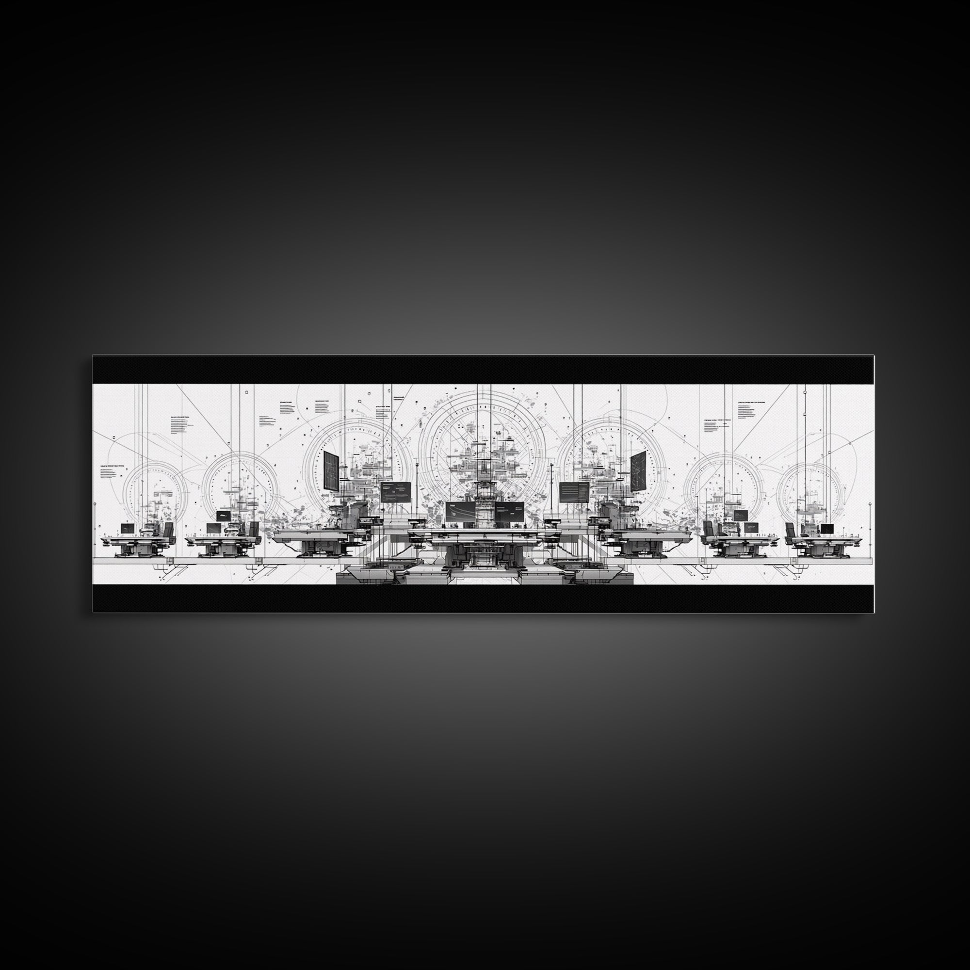 Black White Futuristic Control Room Framed Canvas Print, Modern Wall Art, Office Decor, Geometric Schematic Tech Art Gift