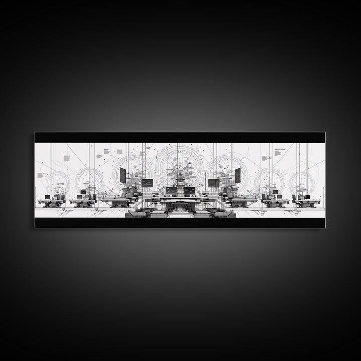 Black White Futuristic Control Room Framed Canvas Print, Modern Wall Art, Office Decor, Geometric Schematic Tech Art Gift