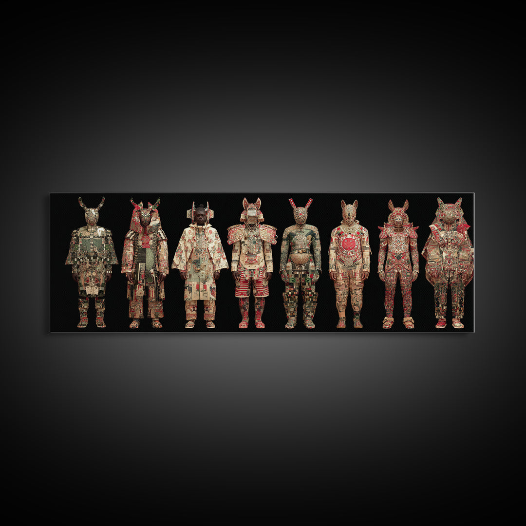 Ornate Masked African Warrior Lineup Canvas Print, African Tribal Art, African Mask Art, Bold Home Decor, Cultural Wall Art