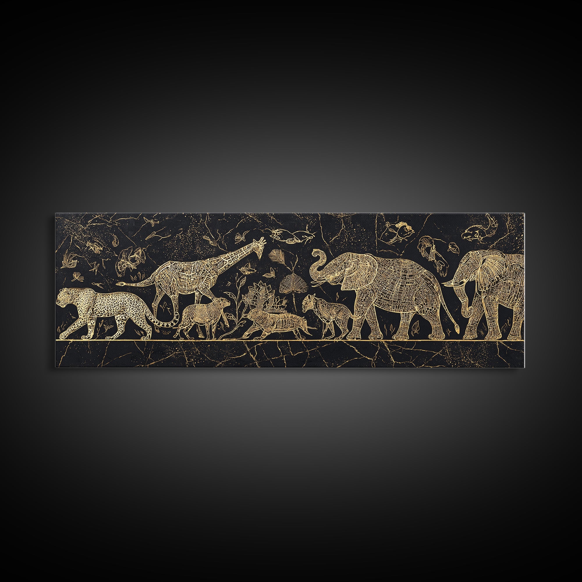 Gold Safari Animals On Black Wall Art, African Elephant, African Giraffes, Jungle African, Luxury Canvas Art, Safari Decor