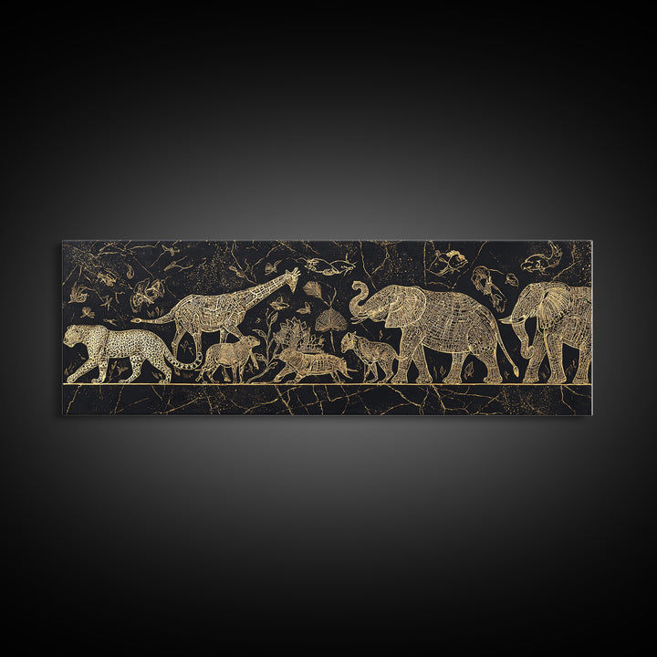 Gold Safari Animals On Black Wall Art, African Elephant, African Giraffes, Jungle African, Luxury Canvas Art, Safari Decor