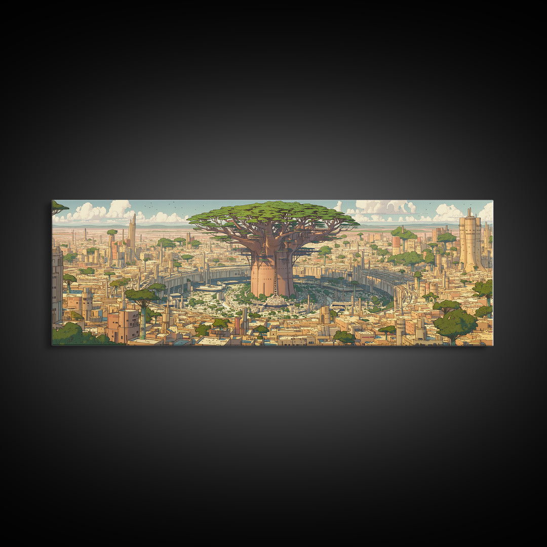 Giant Baobab Futuristic African City Wall Art, Panoramic Afrocentric Landscape Print, Modern Safari Decor Gift, Living Room Decor