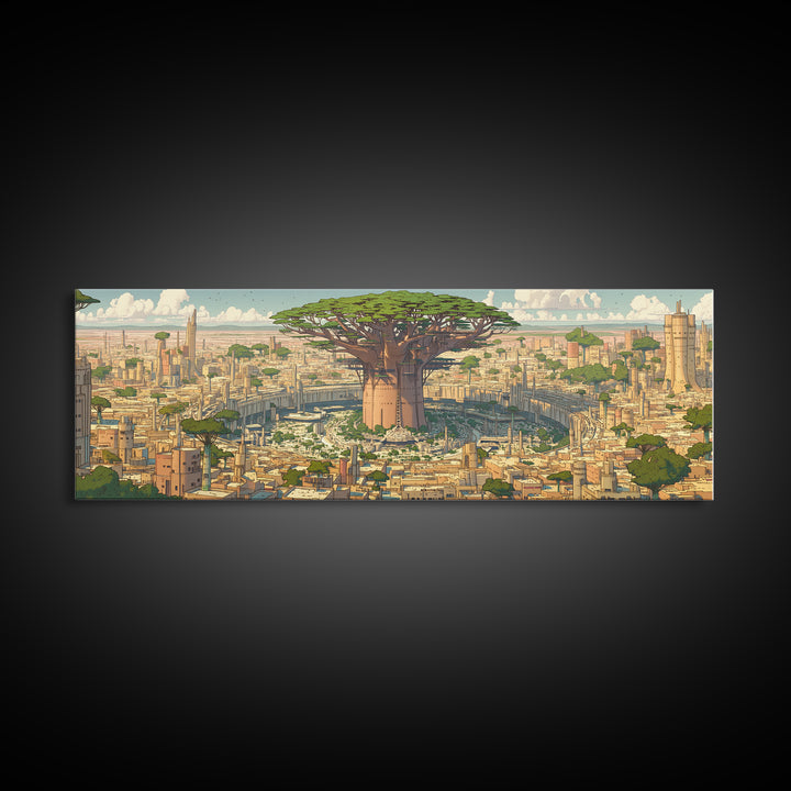 Giant Baobab Futuristic African City Wall Art, Panoramic Afrocentric Landscape Print, Modern Safari Decor Gift, Living Room Decor