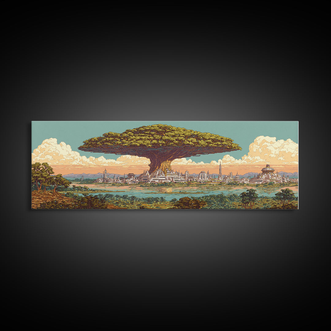 Floating Baobab Over African Lagoon Canvas Print, Fantasy Afrocentric Landscape, Serengeti Wall Decor, Nature Gift, Housewarming Gift