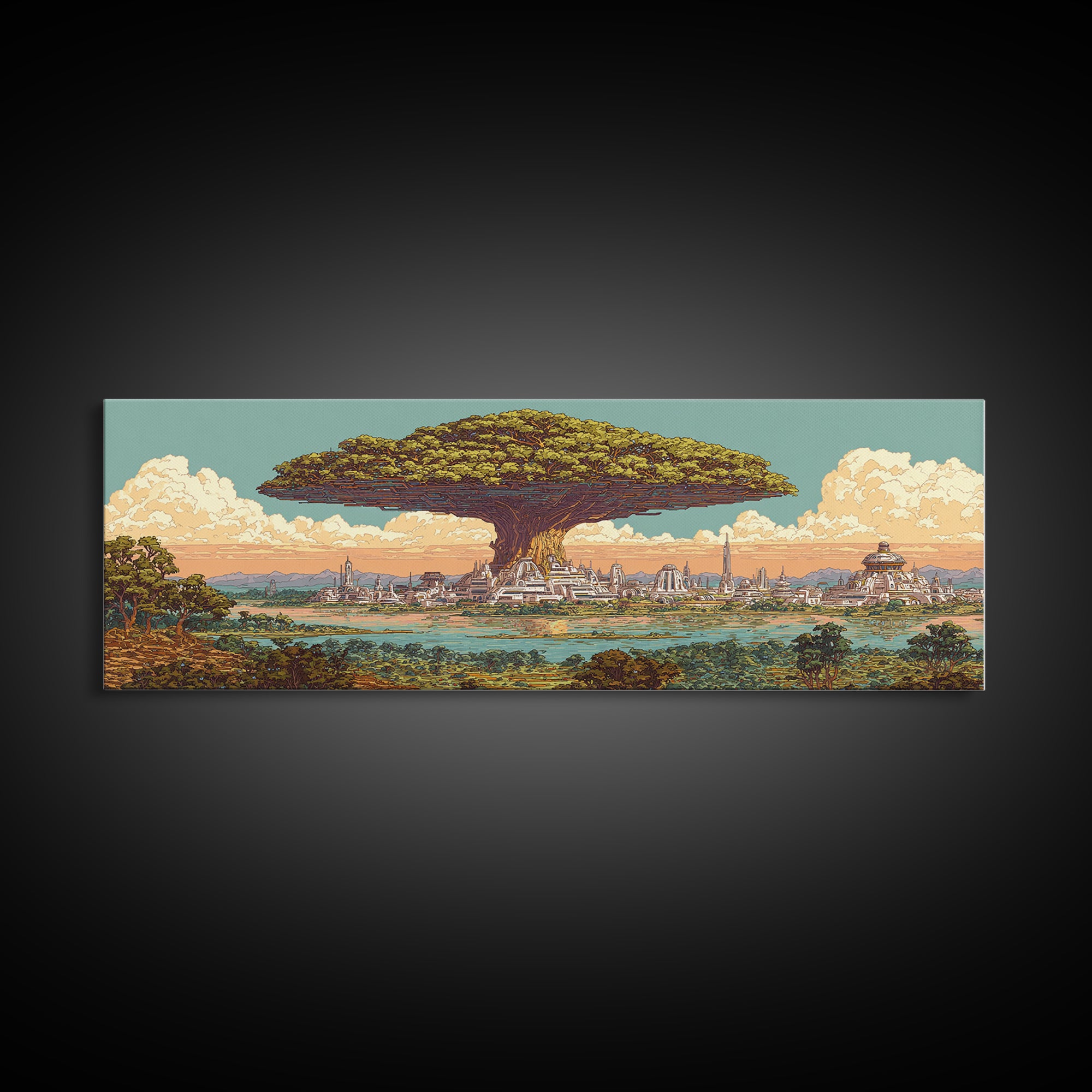 Floating Baobab Over African Lagoon Canvas Print, Fantasy Afrocentric Landscape, Serengeti Wall Decor, Nature Gift, Housewarming Gift