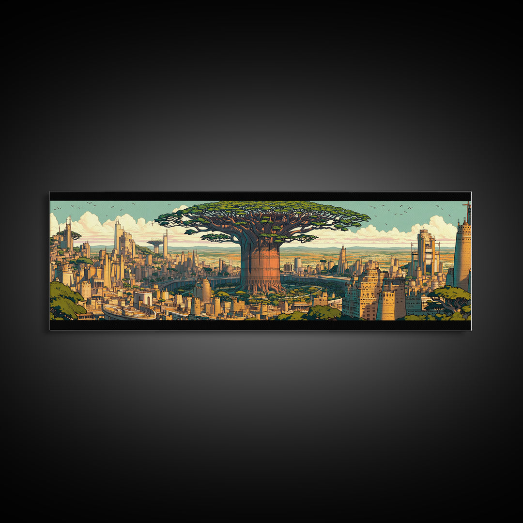 Colossal Baobab In Golden Futuristic City Framed Canvas Print, African Wall Art, Modern Afrocentric Office Decor, Large Statement Piece