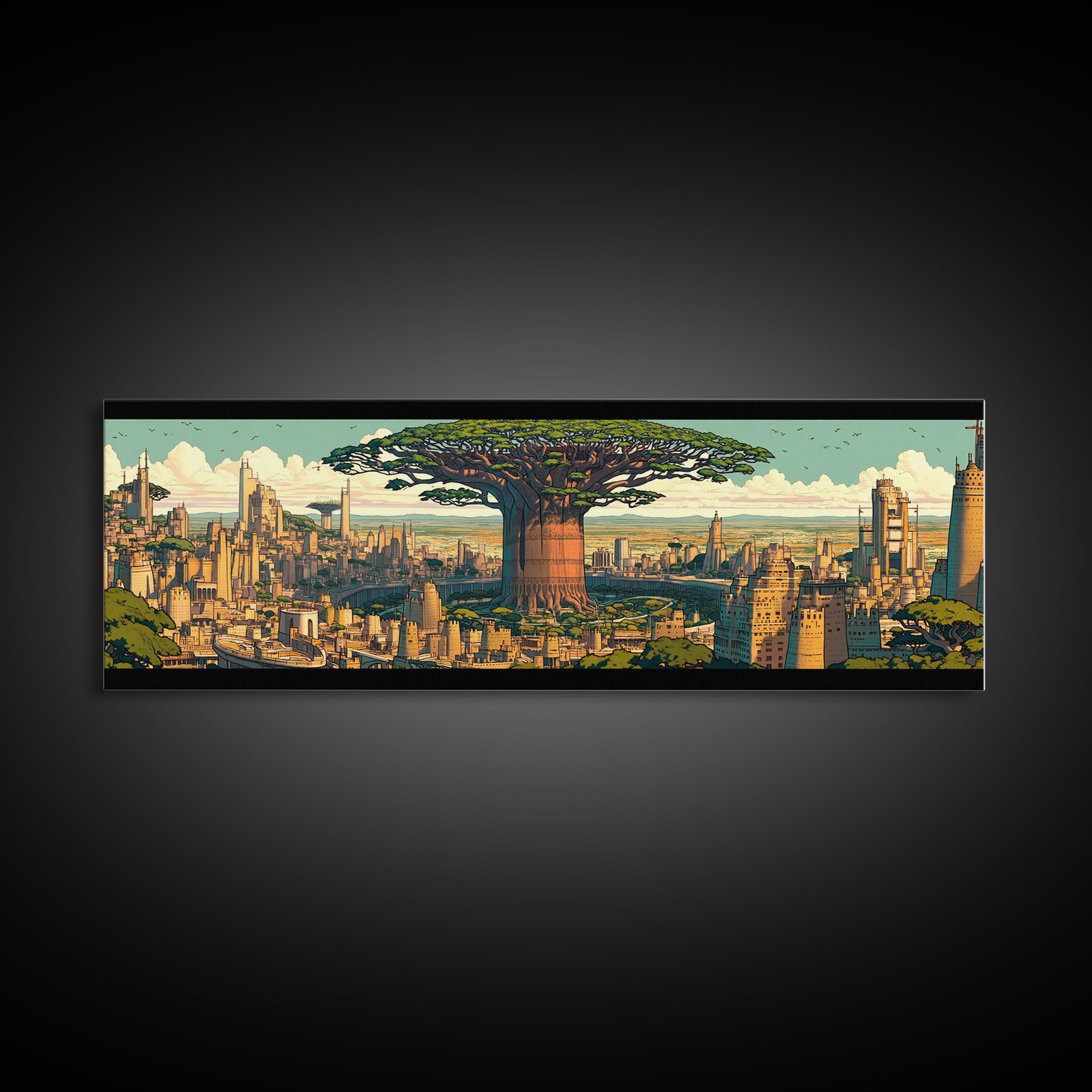 Colossal Baobab In Golden Futuristic City Framed Canvas Print, African Wall Art, Modern Afrocentric Office Decor, Large Statement Piece
