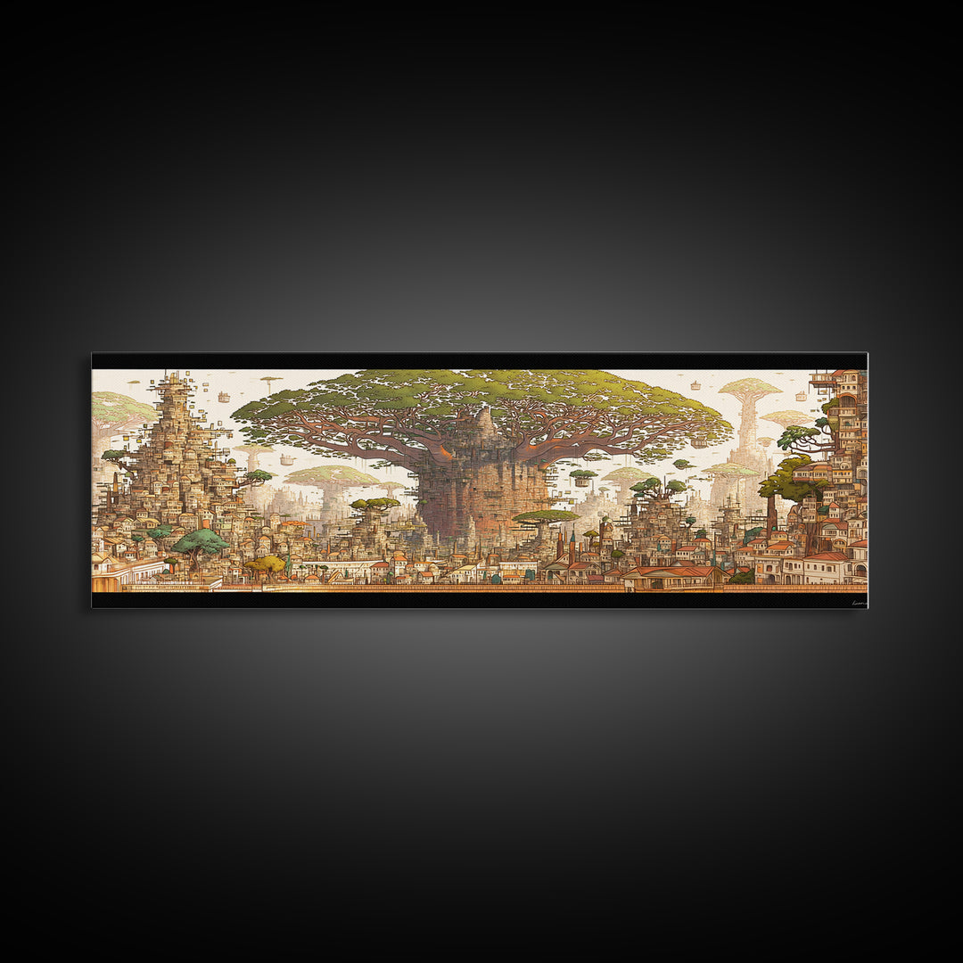 Ancient Baobab Rising Through African City Wall Art, Sepia Fantasy Landscape, Cultural Home Decor, Panoramic Print, Gallery Wall Decor