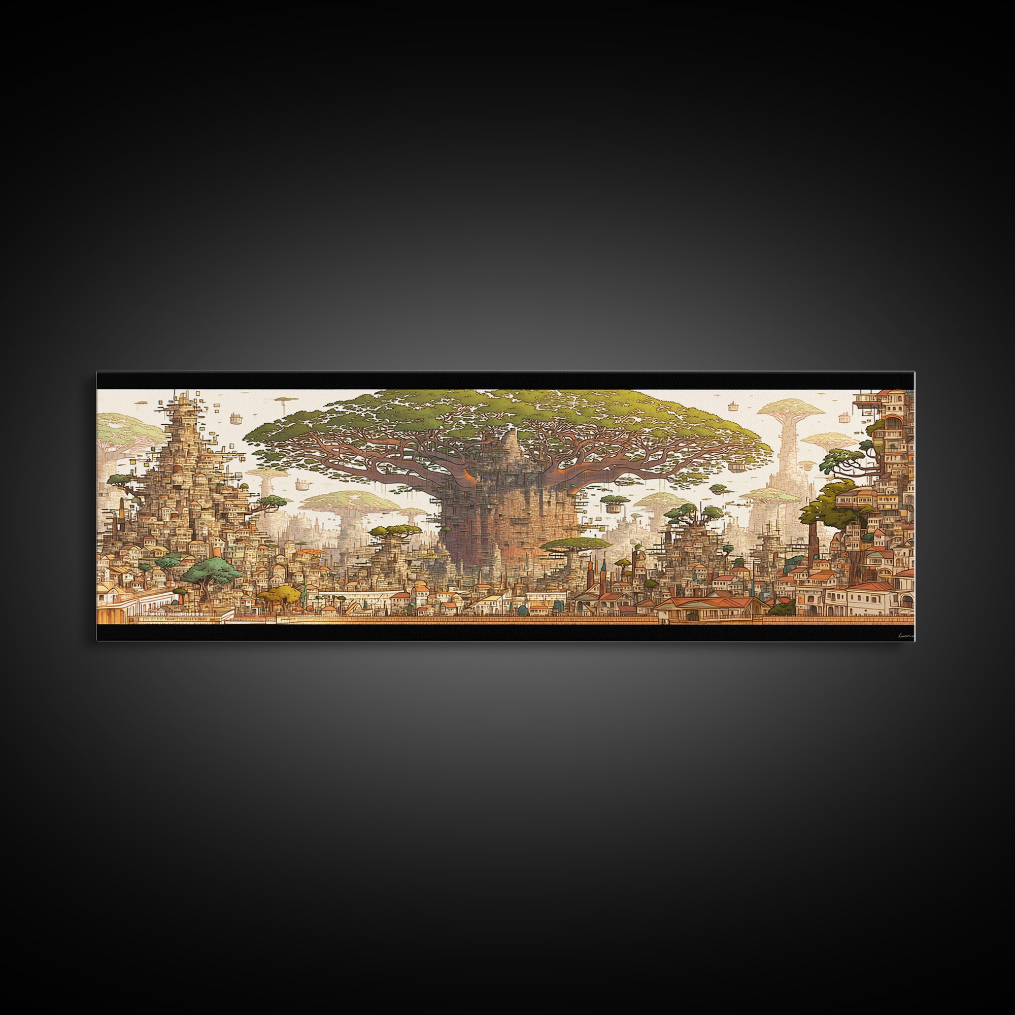 Ancient Baobab Rising Through African City Wall Art, Sepia Fantasy Landscape, Cultural Home Decor, Panoramic Print, Gallery Wall Decor