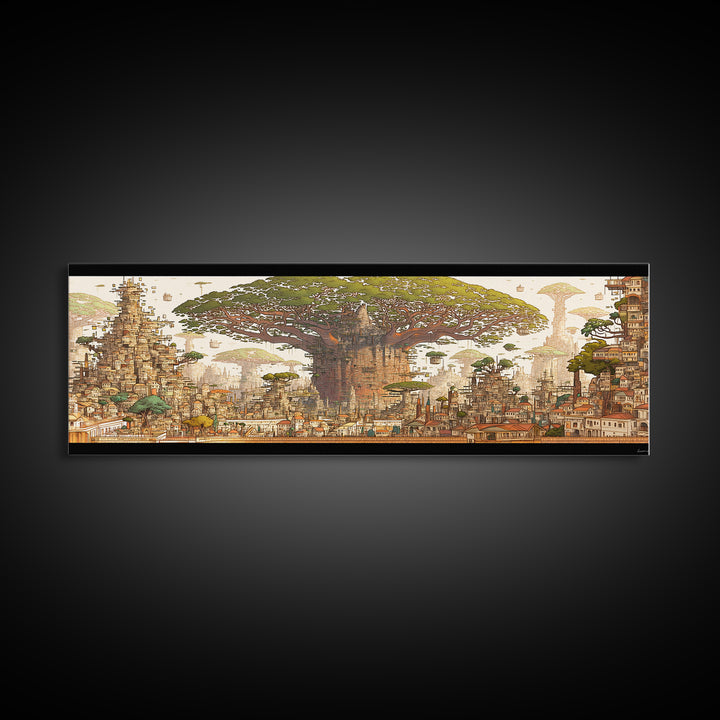 Ancient Baobab Rising Through African City Wall Art, Sepia Fantasy Landscape, Cultural Home Decor, Panoramic Print, Gallery Wall Decor